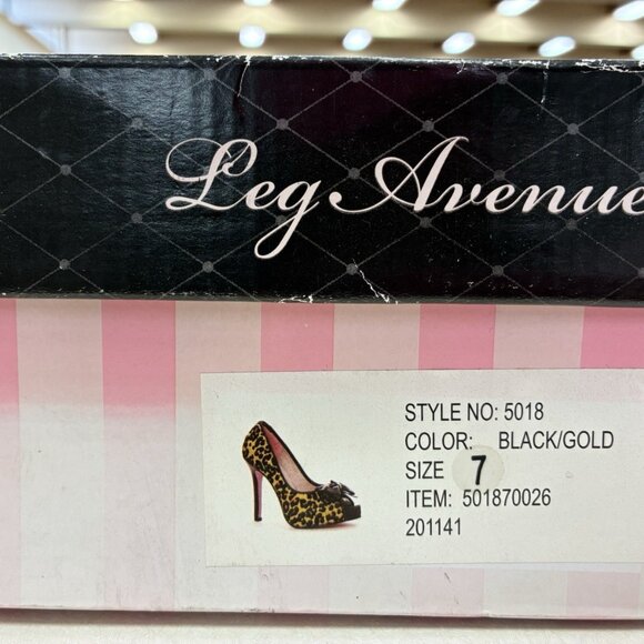 Leg Avenue Black Gold Leopard Peeptoe Heels Pumps Bows Shoes - Picture 3 of 6